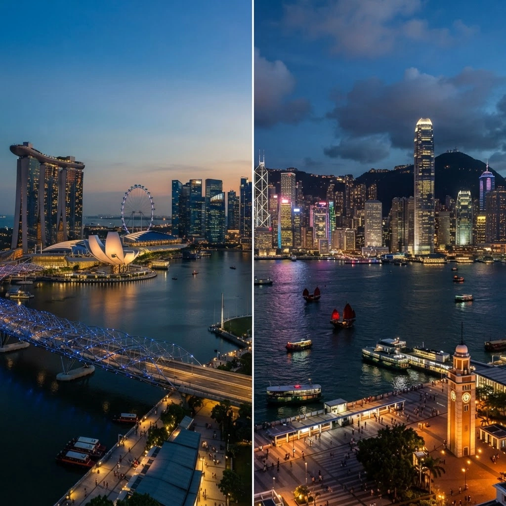 Split view of Singapore Marina Bay and Hong Kong Victoria Harbour skylines